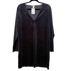 H&M Blue Velvet Glittered Long Sleeve Mini Shift Party Dress Womens M Holiday